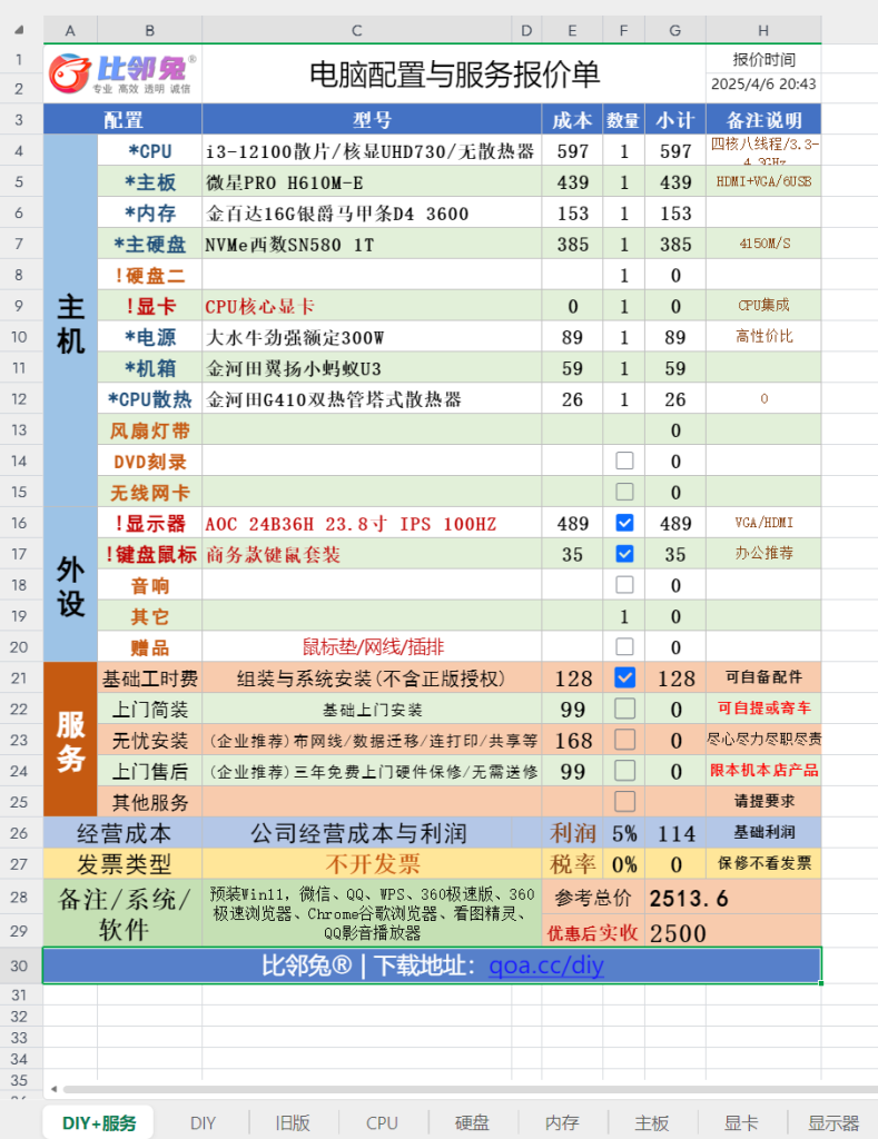 电脑直播写配置DIY攒机组装报价单长期更新版-快维微社区